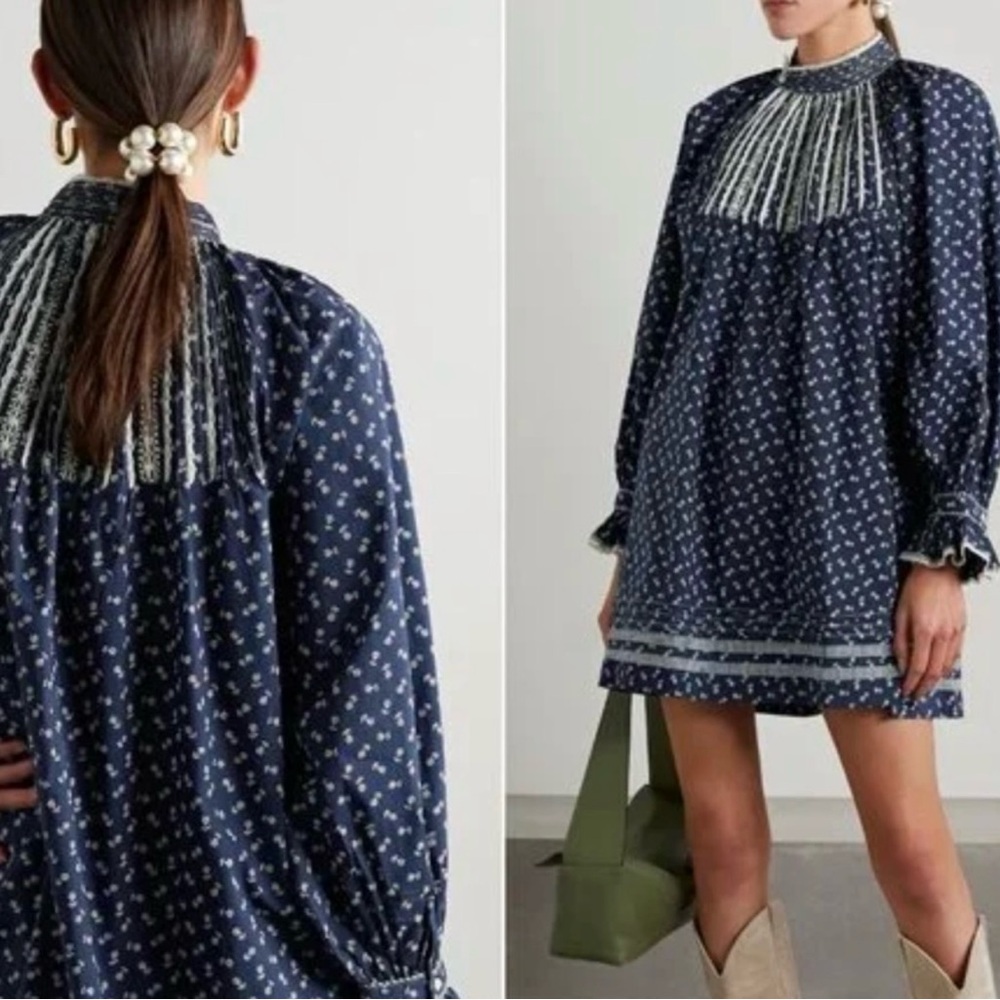 Doen Beatrice Dress Organic Cotton XS Navy Floral Smock